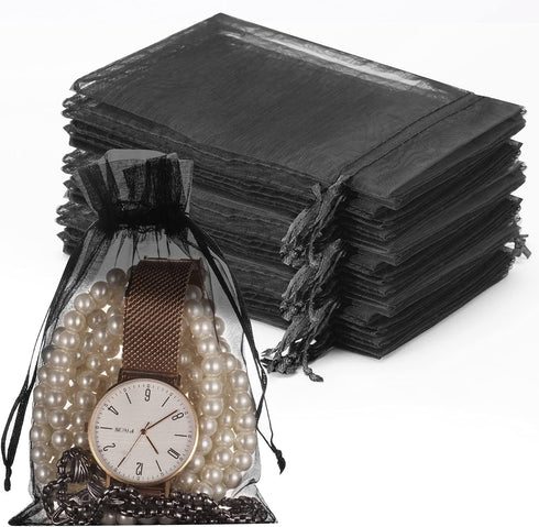 HongyiTime 100PCS Premium Sheer Organza Bags, Black Wedding Favor Bags with Drawstring, 4x6 inches for Jewelry Gifts