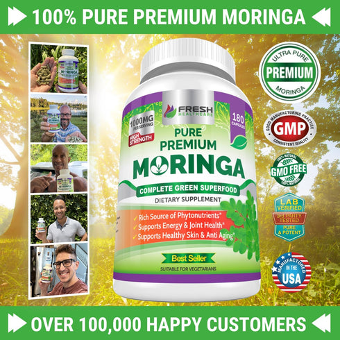 FRESH HEALTHCARE Moringa Oleifera 180 Capsules – 100% Pure Leaf Powder, Non-GMO and Gluten Free
