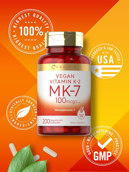 Carlyle Vitamin K2 MK7 100mcg - 200 Vegan Capsules, Menaquinone-7 Supplement, Non-GMO, Gluten Free
