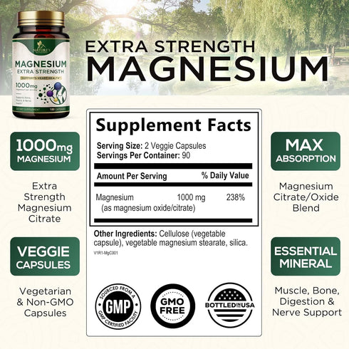 Magnesium Pills Extra Strength 1000mg - Chelated for Ultra Absorption, Magnesium Supplement for Bone, Muscle Health & Heart Support, Nature's Citrate Oxide Magnesio Vitamins, Non-GMO - 180 Capsules