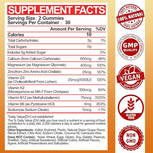 Calcium Magnesium Zinc Gummies with Vitamin D3 & K2 - High Absorption Magnesium Glycinate 400mg - Sugar Free Calcium Supplement - Support Nerve Muscle Mood & Immunity - for Adults Men Women Kids