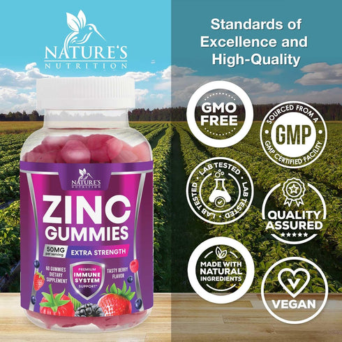 Zinc Gummies 50mg, Bone Skin & Immune Support, Vegan Gluten Free Chewable Supplements, 60 Gummies
