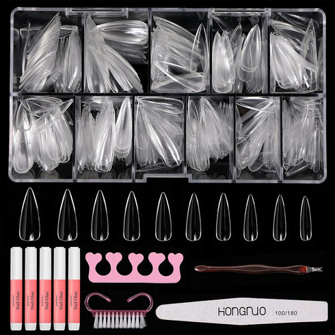 Press On Nails Set, 500pcs Long Stiletto Nail Tips, Clear Full Cover, Nail Kit with Case