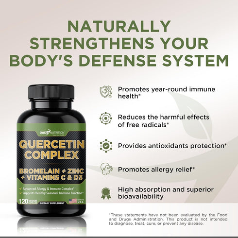 Organic Quercetin with Bromelain, 500mg Quercetin Supplements, Vitamin C and Zinc, Bioflavonoids for Healthy Immune