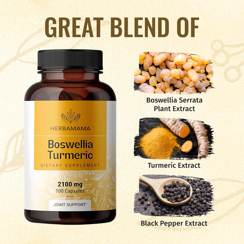 Boswellia Turmeric Capsules, Joint, Digestion & Brain Support with Organic Black Pepper Extract - 100 Capsules