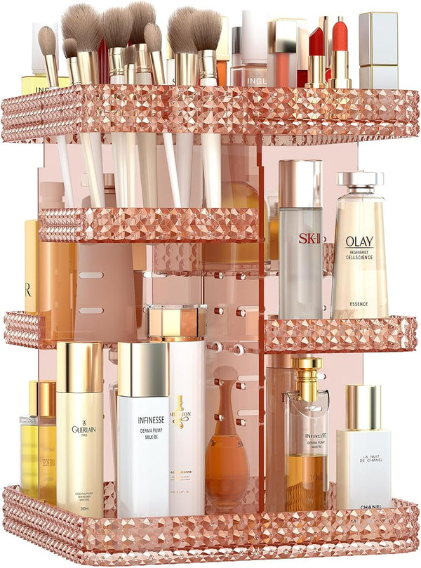 Vanity Organizer, 360 Rotating Acrylic Skin Care Organizer, Large Capacity for Countertop with Makeup Brush Holder -