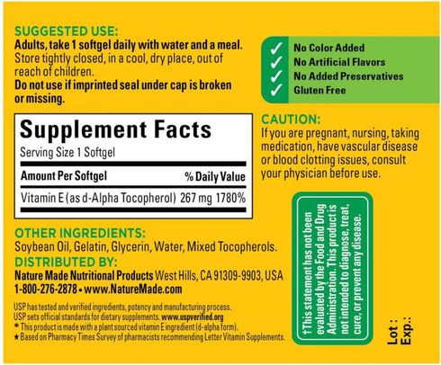 Nature Made Plant Sourced Vitamin E 267 mg (400 IU) d-Alpha Softgels, 100 Count, Pack of 3