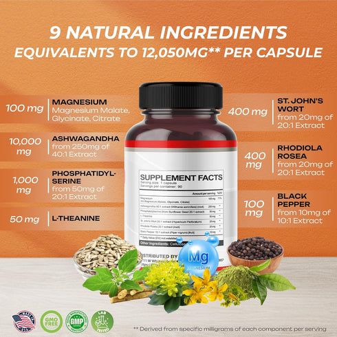 CORTISOL SHIELD 9 in 1, 15,250mg Magnesium + Ashwagandha with Phosphatidylserine, Relaxation Support, 90 Count