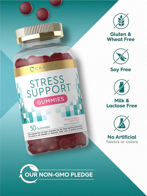 Carlyle Stress Support Gummies | 50 Count | with GABA & L-Theanine | Strawberry Lemon Flavor | Non-GMO, Gluten Free