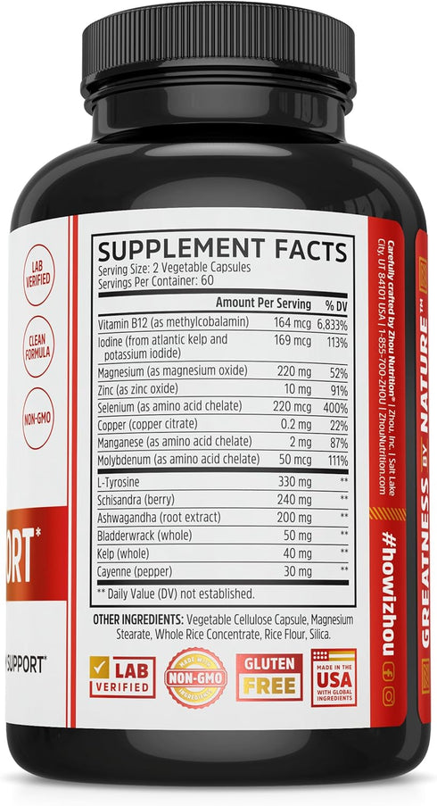 Zhou Thyroid Support Complex with Iodine Supplement - 60 Servings, 120 Caps, Gluten-Free, No Soy