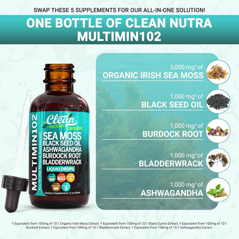 Clean Nutraceuticals Sea Moss Liquid Drops with Black Seed Oil, Ashwagandha, Burdock Root & Bladderwrack - Organic