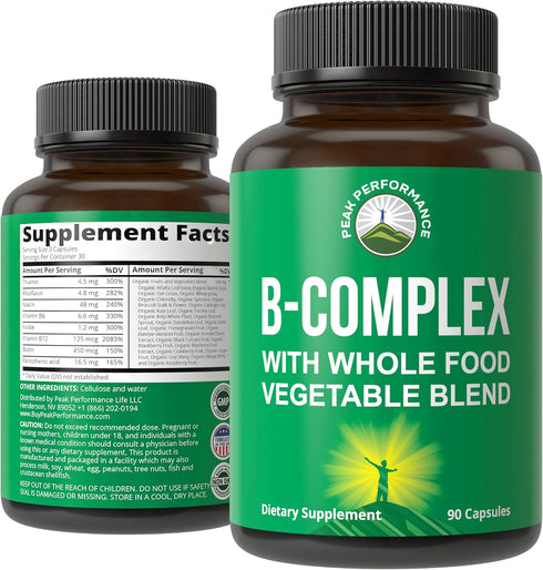 Vitamin B Complex Capsules + Whole Food Blend | 90 Capsules | Best Vegan B-Complex Supplement with 25 Vegetables &