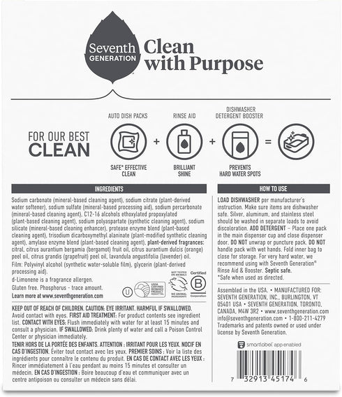 Seventh Generation Power Plus Dishwasher Detergent Packs, Fresh Citrus Scent, 40 Count for Sparkling Dishes
