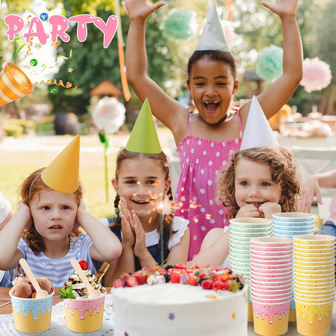 Ninehaoou 200 Pack 6 oz Frozen Paper Ice Cream Cups with Wooden Spoons, Disposable Dessert Bowls, Colorful Sundae Bar