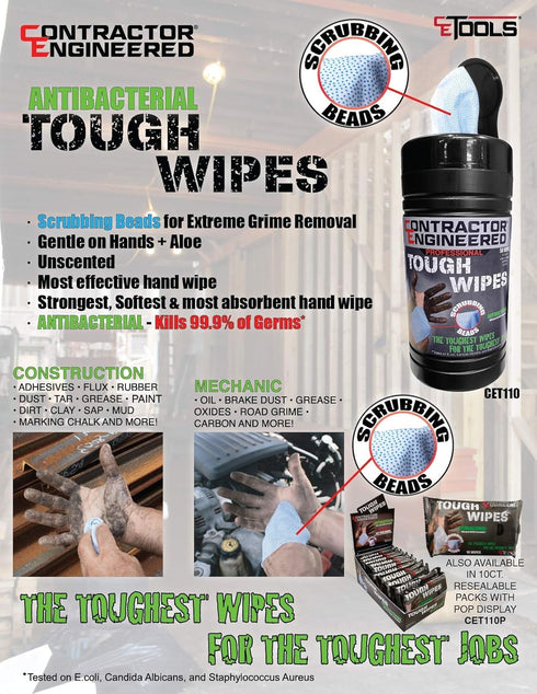 CE Tools Pro Tough Wipes, 50 Count with Scrubbing Beads