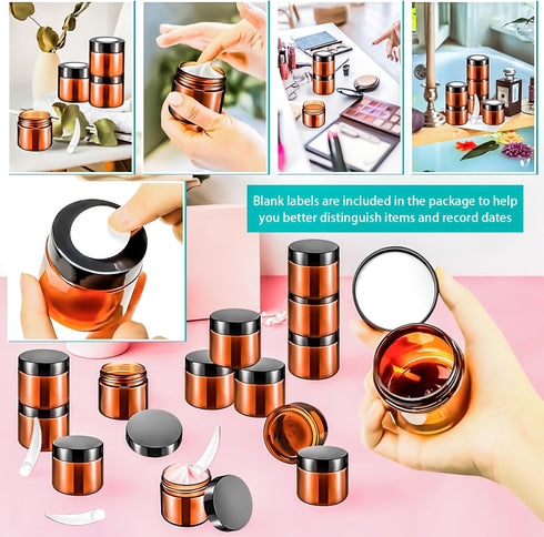 MotBach 16 Pack 2oz Amber Plastic Jars, 60ml Empty Small Round Cosmetic Jars with Black Lids for Refillable Makeup