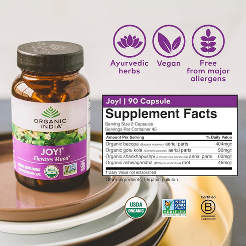 Organic India Joy Herbal Supplement - Immune Support, Promotes Memory & Concentration, 90 Capsules