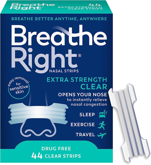Breathe Right Nasal Strips, Extra Strength, Clear for Sensitive Skin, Drug-Free Snoring Solution & Nasal Congestion