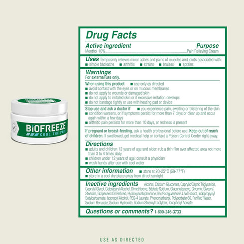 Biofreeze Menthol Pain Relieving Cream 3 OZ Jar (Pack Of 2) - Pain Relief for Sore Muscles and Joints