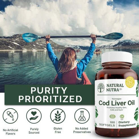 Natural Nutra Norwegian Cod Liver Oil Supplement, 100 Softgels, Supports Skin, Body Density, Eye Health &