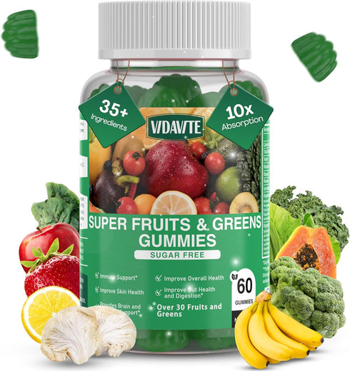 Sugar-Free Fruit and Veggie Gummies - 35+ Greens, Fruit & Vegetable Vitamins for Immunity, 60 Gummies