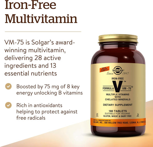 Solgar VM-75 Iron-Free Formula, 180 Tablets - Vegan Multivitamin with Chelated Minerals, Vitamins A, B6, B12, C, D, E