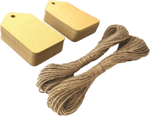 LWR CRAFTS 100 Hang Tags with Jute Twines, Scalloped Top Rectangle, 2 3/4" x 1 9/16", Golden