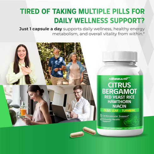 NESSARIT 15-in-1 150 Count Citrus Bergamot Supplement - Natural Blend with Red Yeast Rice Hawthorn Olive Leaf Odorless