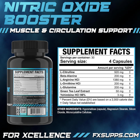 FX Supps Nitric Oxide Booster - Bodybuilding Pre Workout Pills for Men and Women (120 Capsules)