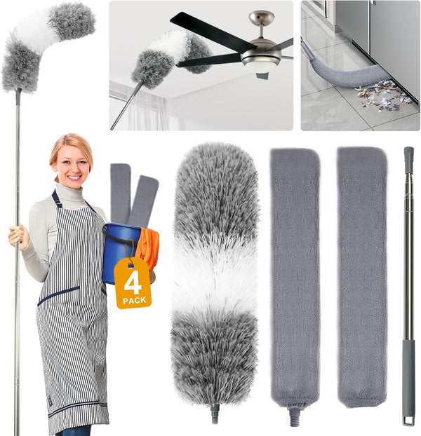 4 Pcs Dusters for Cleaning, 2 in 1 Microfiber Dusters with 30-100 Inches Long Handle for Ceiling Fan Cleaning
