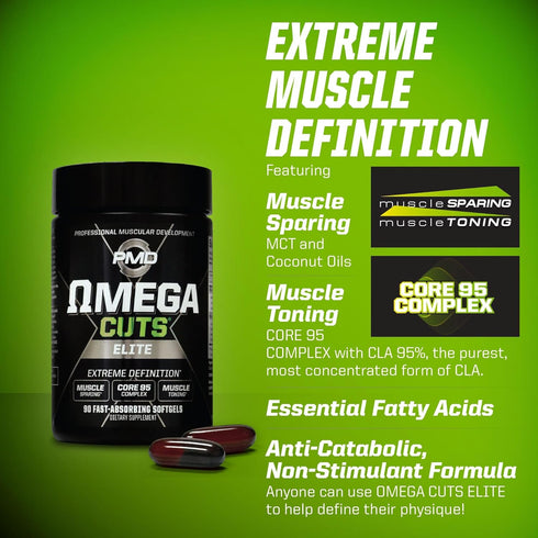 PMD Sports Omega Cuts Elite Fat Loss Formula - Omega Fatty Acids, MCT's, CLA, Keto Friendly, 90 Softgels