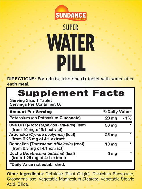Water Pill | 60 Tablets | Fluid Balance Supplement | Vegetarian, Non-GMO, and Gluten Free Formula | by Sundance