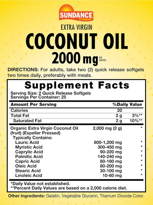 Sundance Extra Virgin Coconut Oil Softgels | 2000mg | 50 Count | Non-GMO and Gluten Free Supplement