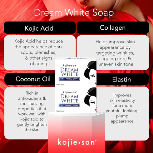 Kojie San Dream White Soap, Skin Brightening & Anti Aging Kojic Acid Soap, 65g x 2 Bars