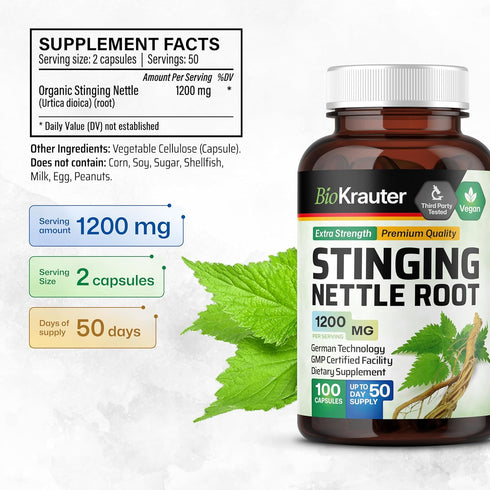 BIO KRAUTER Stinging Nettle Capsules 1200 mg - 100% Natural Urinary Tract Support Caps