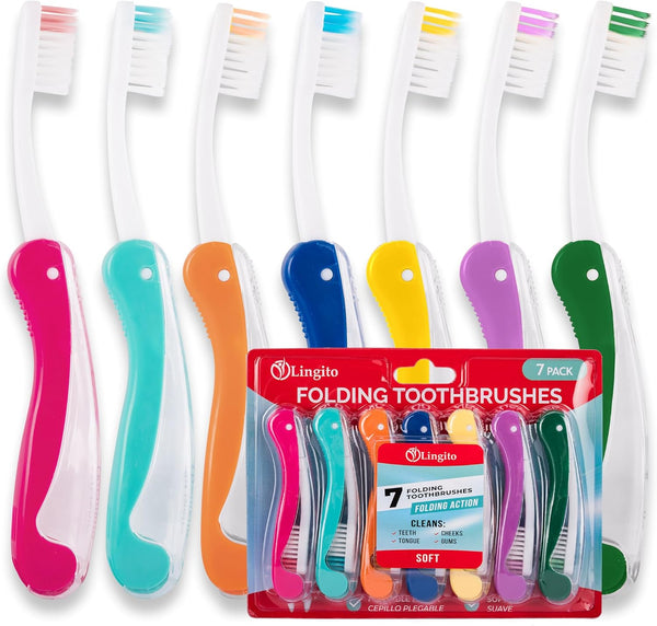 Lingito Mini Travel Toothbrushes with Cover, Soft Toothbrush for Camping, Interlock Folding Travel Size (7 Pack)