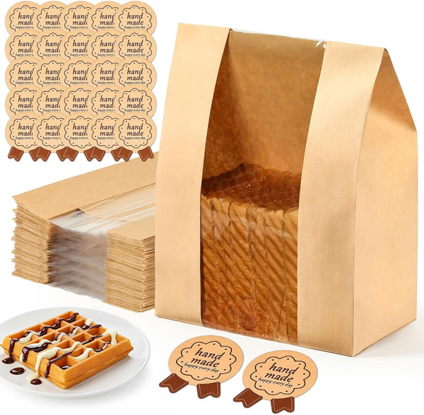 PILABEL 75 Pack Kraft Paper Bakery Bags with Clear Window & Tin Tie
