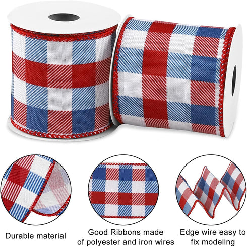 Whaline 2 Rolls 4th of July Wired Edge Plaids Ribbon Red Blue Plaids 2.5 Inch for Independence Day Gift Wrapping
