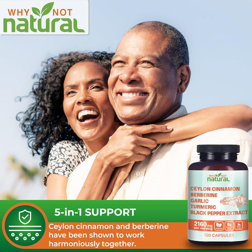 5-in-1 Organic Ceylon Cinnamon Capsules with Berberine, Garlic, Turmeric, Black Pepper Extract (120 Capsules)