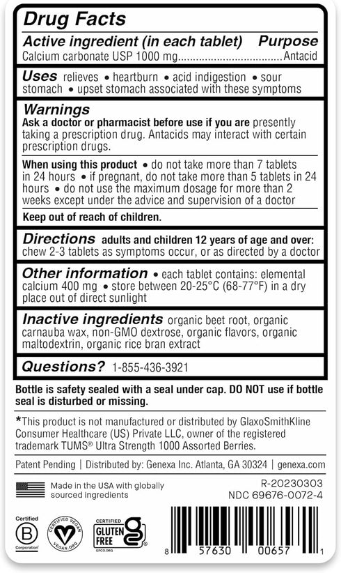 Genexa Antacid Maximum Strength Chewable Tablets | Calcium Carbonate Relief for Heartburn, Acid Indigestion, 72 Tablets
