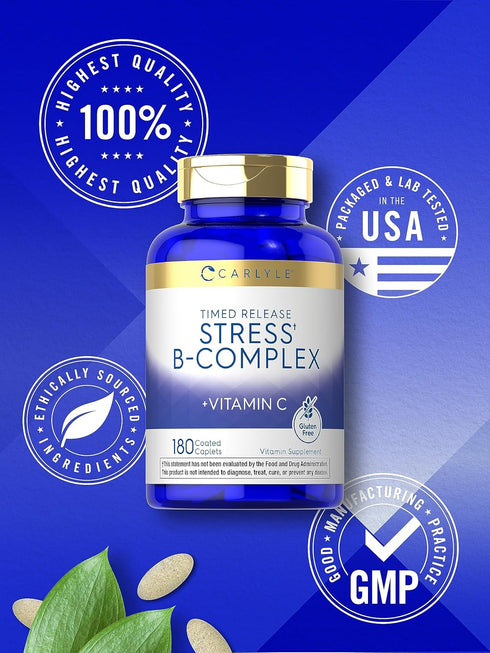 Carlyle Stress B-Complex Vitamin Supplement | 180 Caplets | with Vitamin C | Non-GMO, Gluten Free