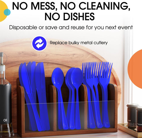 150 Pack Heavy Duty Dark Blue Plastic Cutlery Set, 50 Forks, 50 Spoons, 50 Knives for Party Supplies