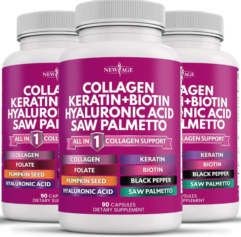 Collagen Pills 1000mg, Biotin 10000mcg, Keratin, Saw Palmetto, Hyaluronic Acid - Hair, Skin, Nails Vitamins, 270 Count