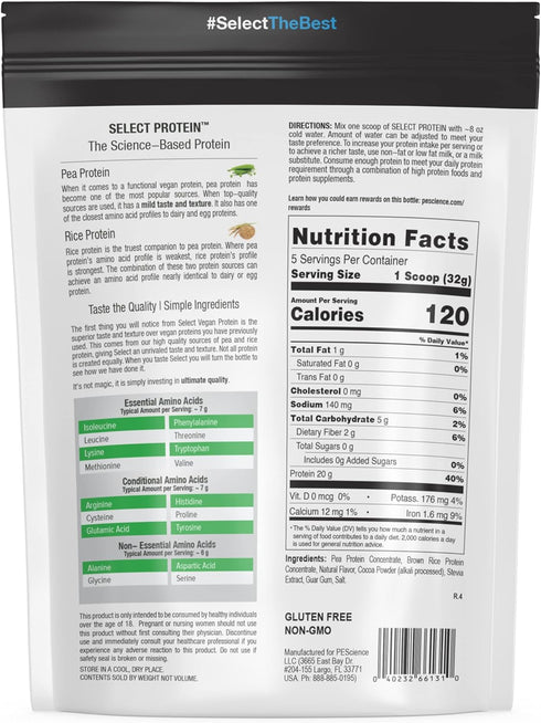 PEScience Select Vegan Plant Based Protein Powder, Chocolate Bliss, 5 Serving Premium Pea and Brown Rice Blend