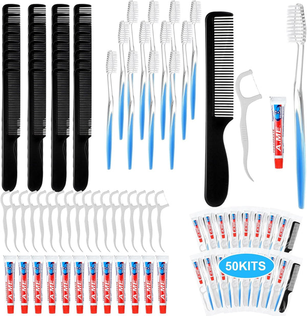 50 Sets Disposable Toothbrushes with Toothpaste, Floss, and Comb for Travel, Individually Wrapped Hygiene Kits