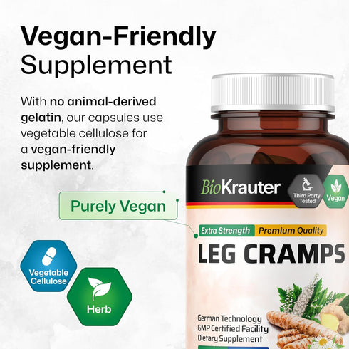 BIO KRAUTER Leg Cramps Capsules with Magnesium - 1200 mg Blend, 100 Vegan Caps for Natural Relief