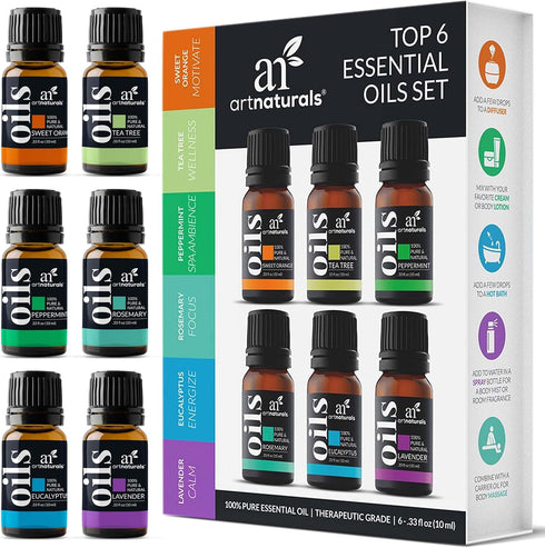 ArtNaturals Top-6 Essential Oil Set - 100% Pure - 6 x 10ml Bottles - Premium Gift Set for Aromatherapy