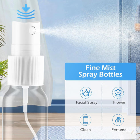 Spray Bottles, 2oz Clear Empty Fine Mist Plastic Mini Travel Bottle Set with Funnels & Labels (6 Pack)