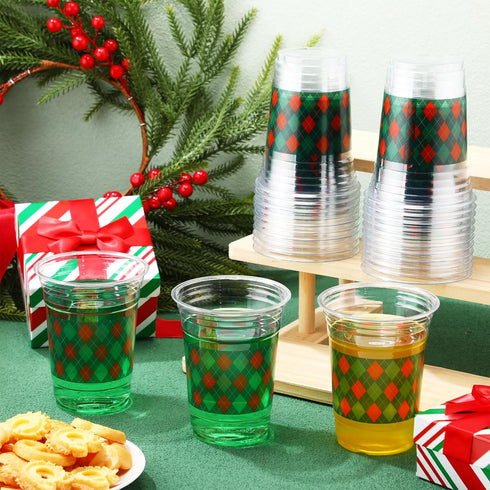 Tiangrid 100 Pack 16 oz Red and Green Plaid Plastic Cups Disposable Checkered Spring Party Cups Bulk for Picnic Rustic