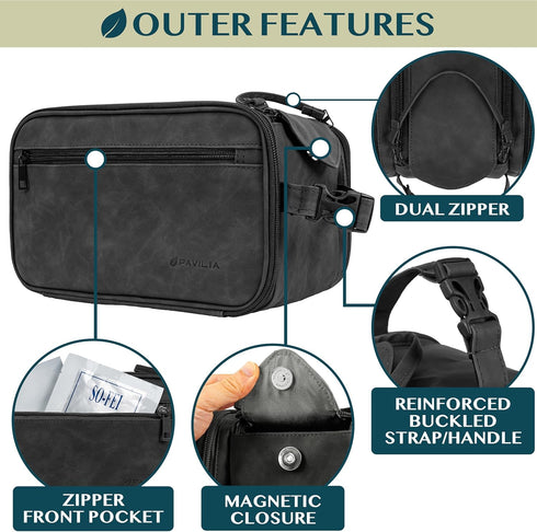 PAVILIA Large Toiletry Bag for Men Women, Travel Organizer Case for Grooming, PU Leather Water Resistant Cosmetic